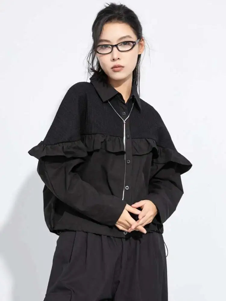 Women Black Ruffles Spliced Big Size Casual Blouse New Lapel Long Sleeve Shirt Fashion Tide Spring Autumn 2025 1DJ0476