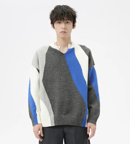 Korean Style Men's Sweater Casual Contrst Color Patchwork V-neck Pullover Trendy Male Clothing Fashion Autumn 9C7033