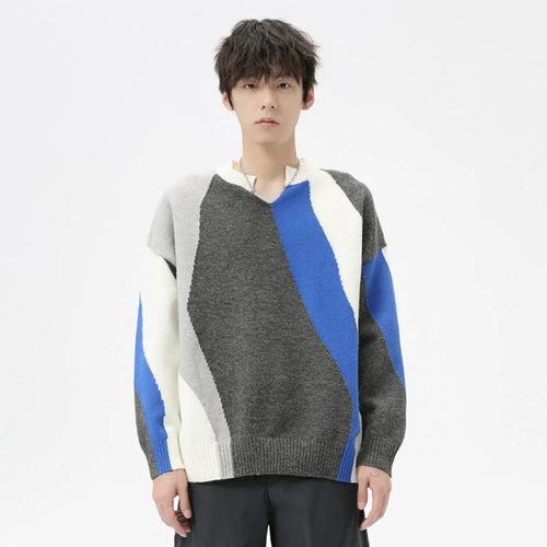 Load image into Gallery viewer, Korean Style Men&#39;s Sweater Casual Contrst Color Patchwork V-neck Pullover Trendy Male Clothing Fashion Autumn 9C7033
