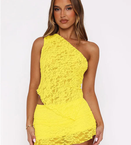 Sexy Slim Fit Women's  Two-piece Set Patchwork Irregular Lace Top And Fashion Short Skirt Two-piece Set Ladies Outfits