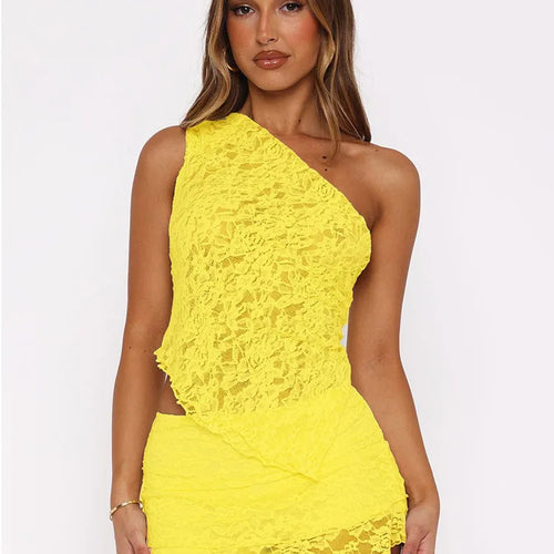 Load image into Gallery viewer, Sexy Slim Fit Women's  Two-piece Set Patchwork Irregular Lace Top And Fashion Short Skirt Two-piece Set Ladies Outfits
