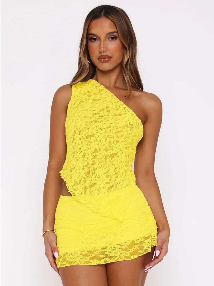 Sexy Slim Fit Women's  Two-piece Set Patchwork Irregular Lace Top And Fashion Short Skirt Two-piece Set Ladies Outfits