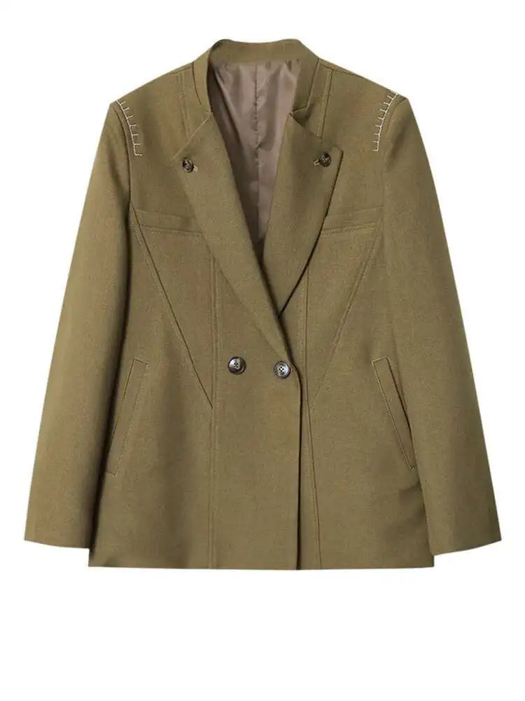 Women Khaki Topstitched Big Size Elegant Blazer New Lapel Long Sleeve Jacket Fashion Tide Spring Autumn 2025 1DH7053