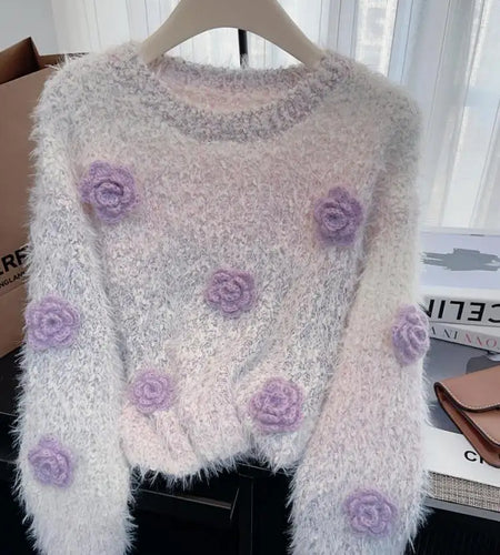 French Women Beige Flower Decorate Pullover Mink Sweater Purple Pink Long Sleeve Round Neck Elegant Knit Tops Autumn Winter Chic