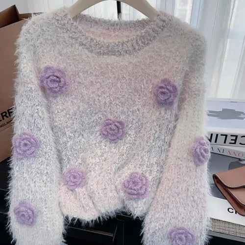 Load image into Gallery viewer, French Women Beige Flower Decorate Pullover Mink Sweater Purple Pink Long Sleeve Round Neck Elegant Knit Tops Autumn Winter Chic
