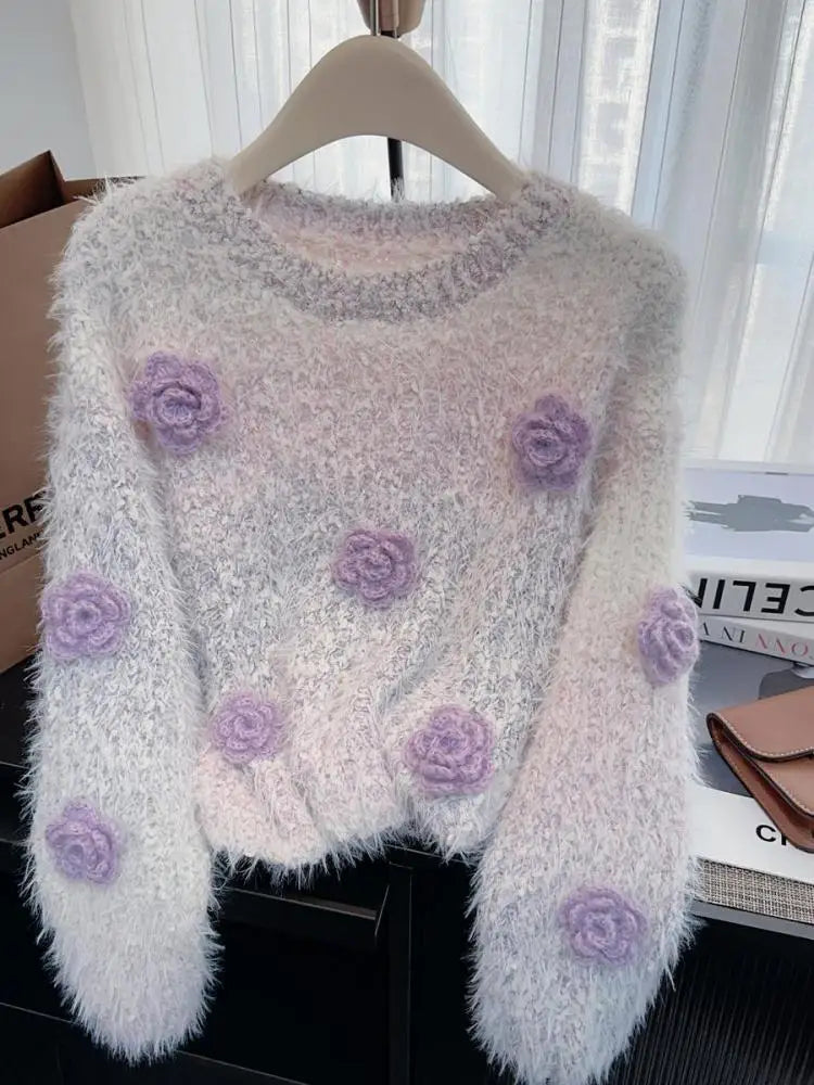 French Women Beige Flower Decorate Pullover Mink Sweater Purple Pink Long Sleeve Round Neck Elegant Knit Tops Autumn Winter Chic
