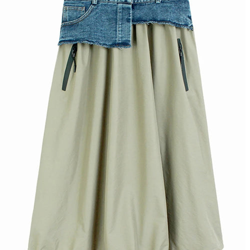 Load image into Gallery viewer, High Elastic Waist Apricot Denim Color-block A-line Half-body Skirt Women Fashion Tide New Spring Autumn 2025 1DF8673
