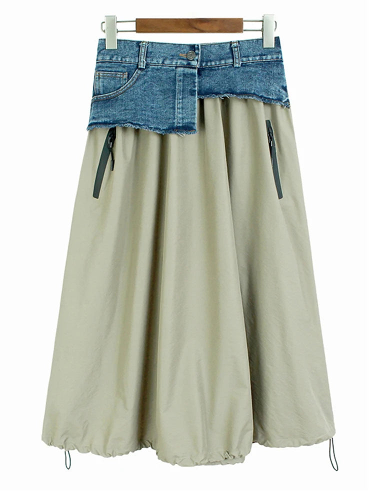High Elastic Waist Apricot Denim Color-block A-line Half-body Skirt Women Fashion Tide New Spring Autumn 2025 1DF8673