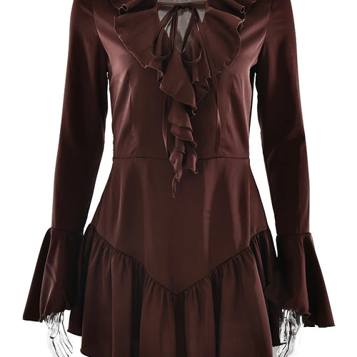 Load image into Gallery viewer, Elegant Long Sleeved Satin Ruffled Lace Up Dress Women Sexy V-neck Flared Sleeves Dance Party Evening Dress 2025 Spring
