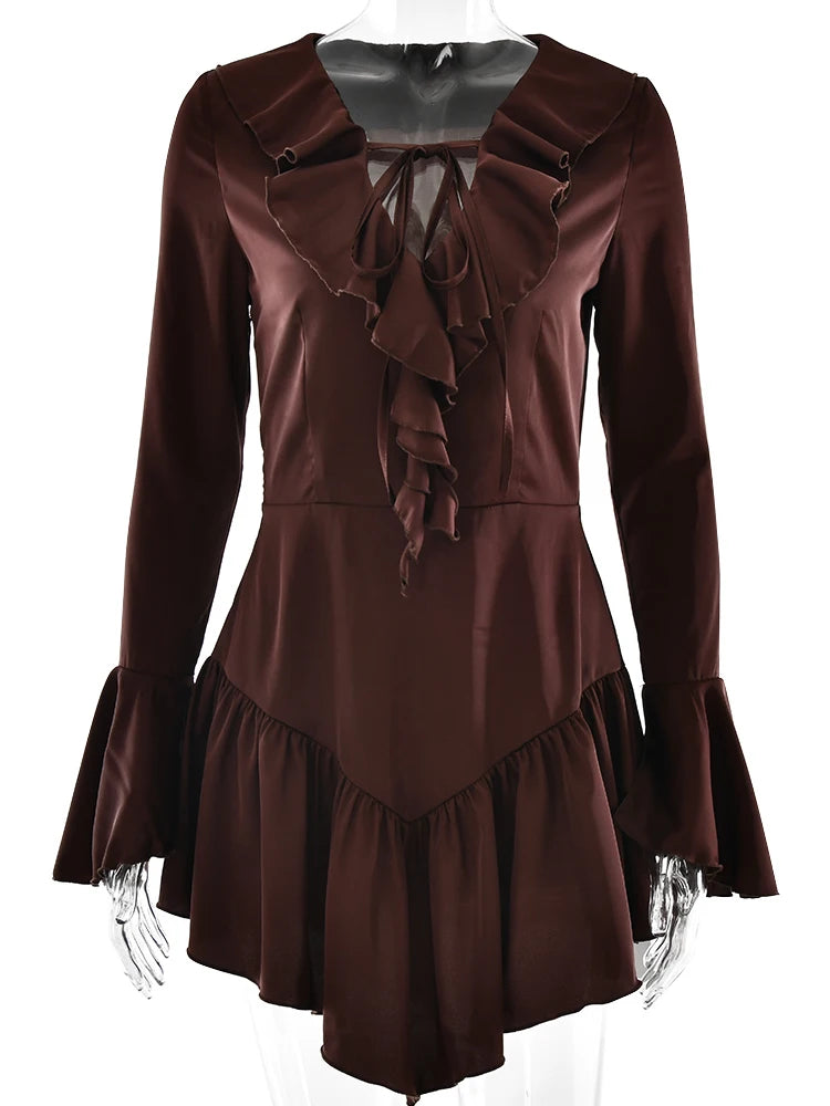 Elegant Long Sleeved Satin Ruffled Lace Up Dress Women Sexy V-neck Flared Sleeves Dance Party Evening Dress 2025 Spring