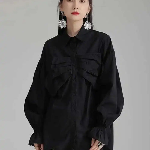 Load image into Gallery viewer, Women White Big Size Bow Elegant Long Blouse New Lapel Long Flare Sleeve Shirt Fashion Tide Spring Autumn 2025 1DH4000
