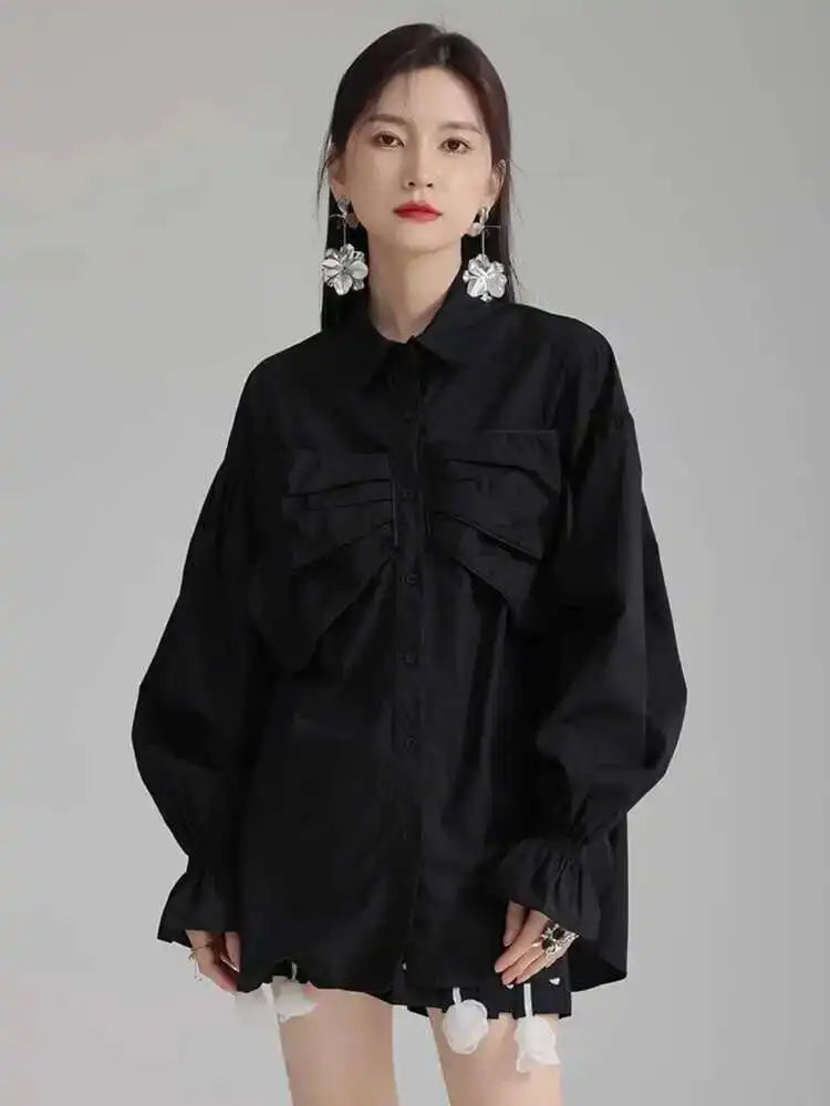 Women White Big Size Bow Elegant Long Blouse New Lapel Long Flare Sleeve Shirt Fashion Tide Spring Autumn 2025 1DH4000