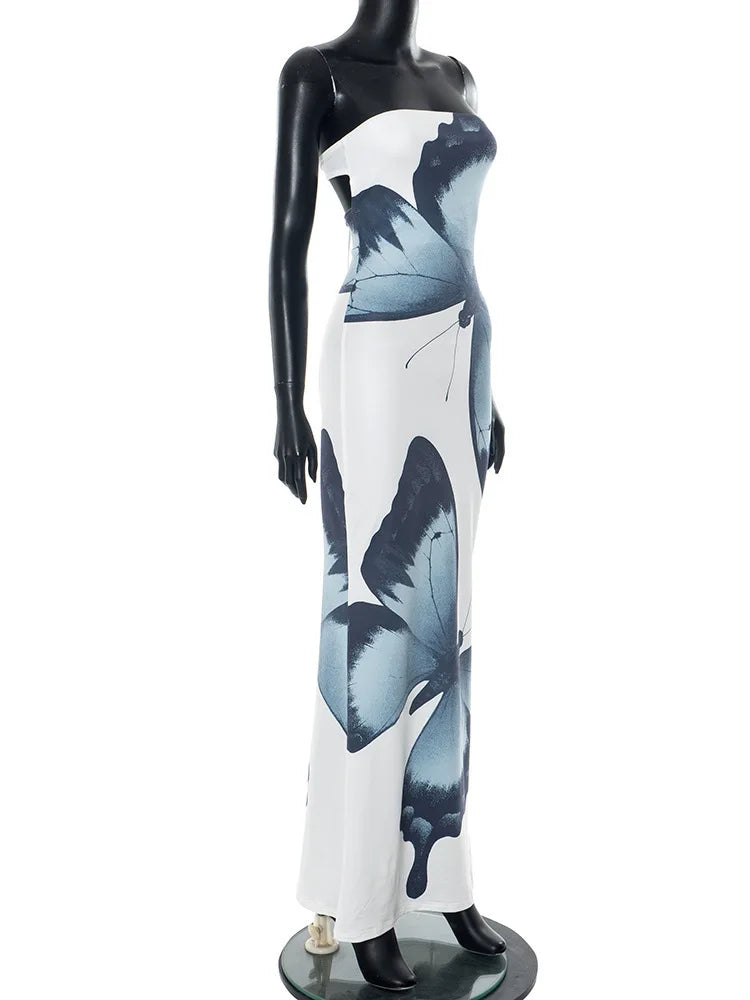 Off-shoulder Print Sexy Maxi Dress Women Summer New Strapless Sleeveless Backless High Waist Beach Holiday Long Dress