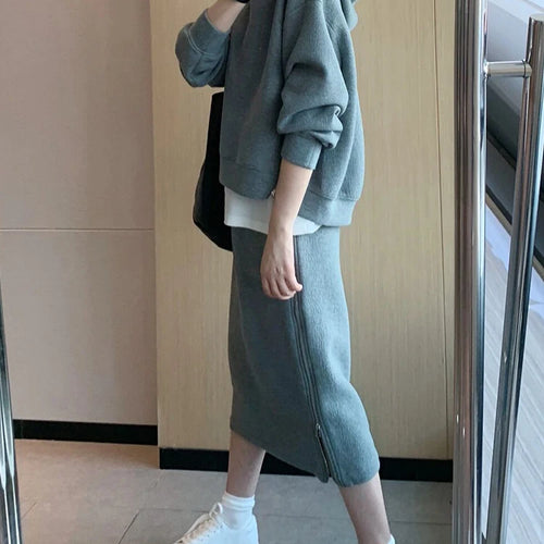 Load image into Gallery viewer, Autumn Hoodies Skirt New High Class Hong Kong Style Casual Sportswear Gray Top Skirt Two Piece Suits Chic Women Sets S-XL
