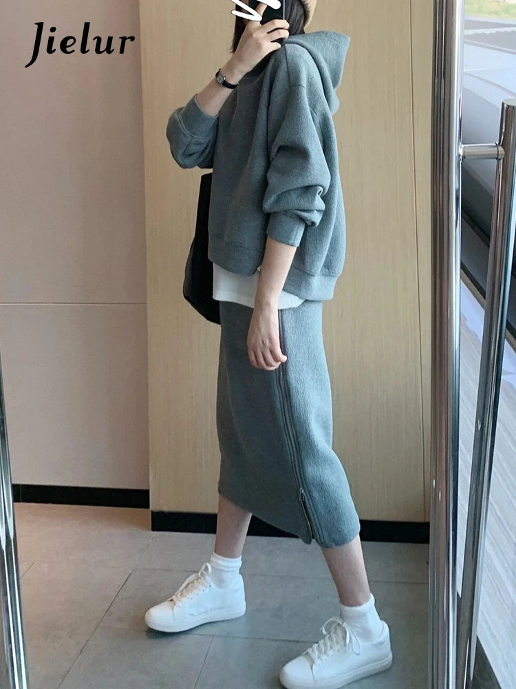 Autumn Hoodies Skirt New High Class Hong Kong Style Casual Sportswear Gray Top Skirt Two Piece Suits Chic Women Sets S-XL