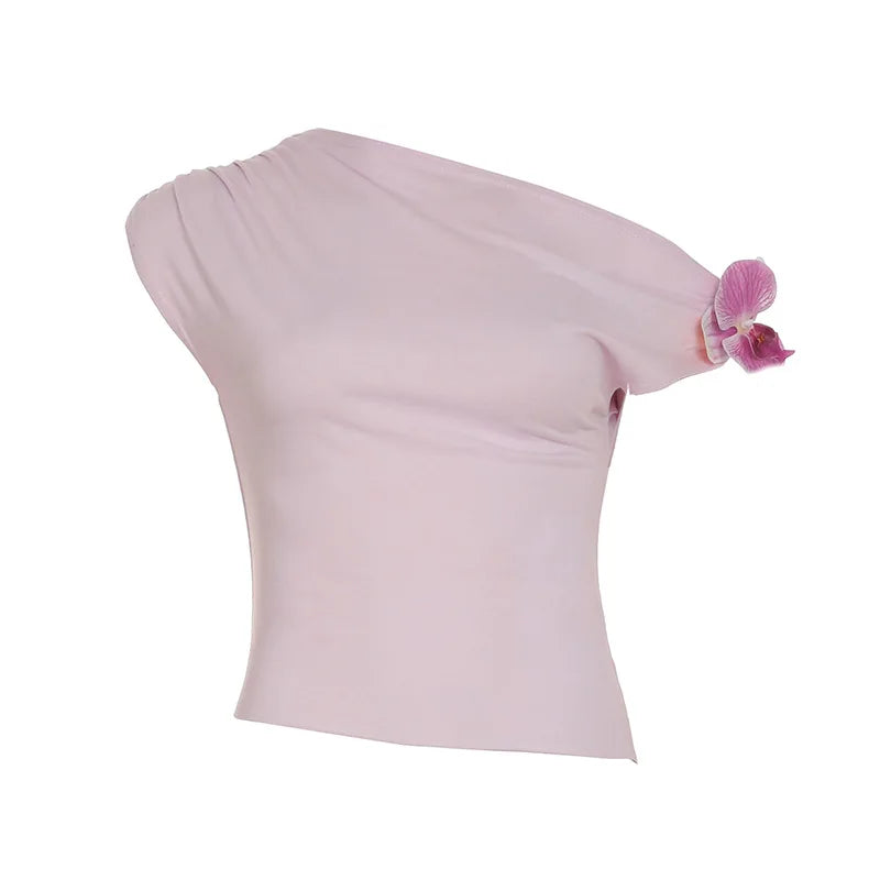 Y2k Aesthetic 3D Flower Cropped Tops 2025 Summer Streetwear Bodycon Skew Collar Tees Fairy Sexy Harajuku Pleated Grunge T-shirts