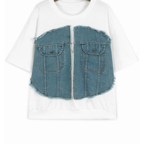 Load image into Gallery viewer, Women Gray Denim Burr Spliced Big Size Casual T-shirt New Round Neck Short Sleeve Fashion Tide Spring Summer 2025 1DJ1232
