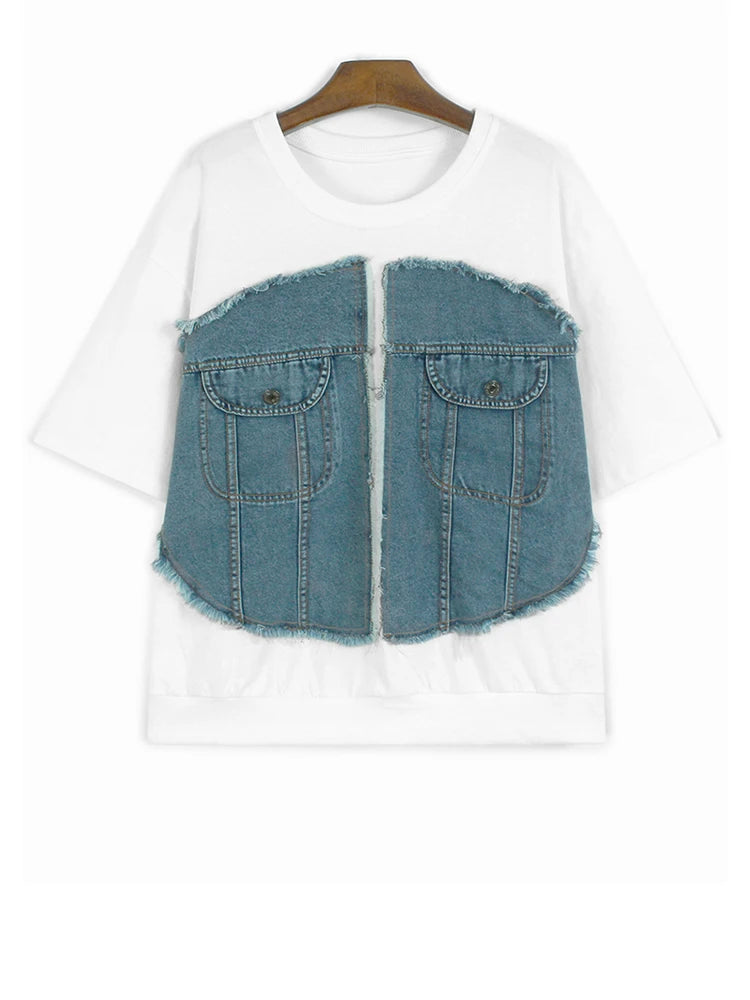 Women Gray Denim Burr Spliced Big Size Casual T-shirt New Round Neck Short Sleeve Fashion Tide Spring Summer 2025 1DJ1232