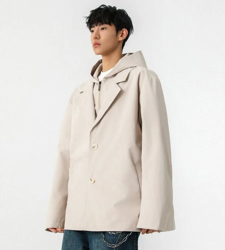 Male American Style Fake Two Piece Lapel Jackets Men's Hooded Casual Solid Color Stand Collar Loose Coats Menswear 9W1235