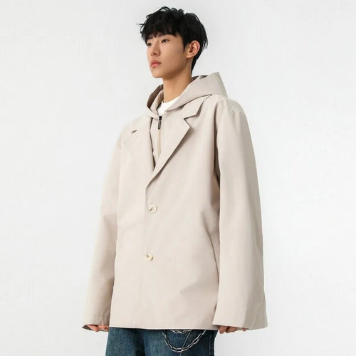 Load image into Gallery viewer, Male American Style Fake Two Piece Lapel Jackets Men&#39;s Hooded Casual Solid Color Stand Collar Loose Coats Menswear 9W1235
