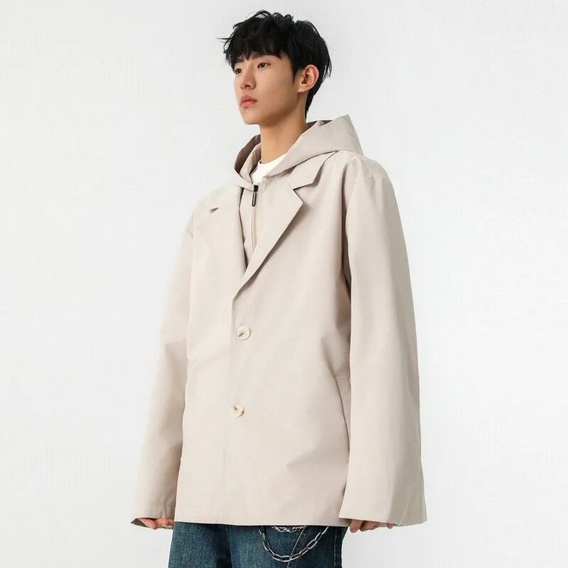 Male American Style Fake Two Piece Lapel Jackets Men's Hooded Casual Solid Color Stand Collar Loose Coats Menswear 9W1235