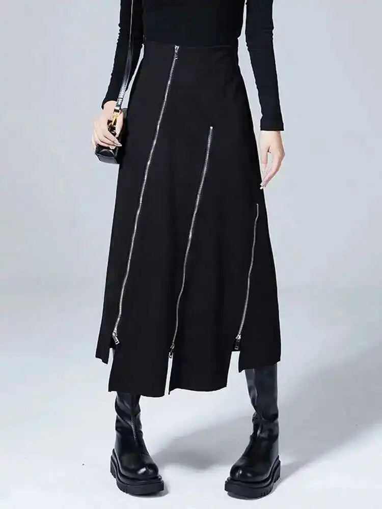High Waist Black Zipper Irregular Design Long Casual Half-body Skirt Women Fashion Tide New Spring Autumn 2025 1DF0628