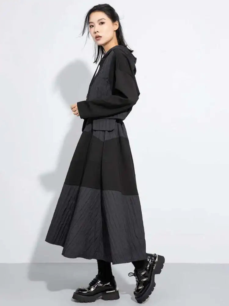 High Elastic Waist Black Color-block Pleated A-line Half-body Skirt Women Fashion Tide New Spring Autumn 2025 1DH7645