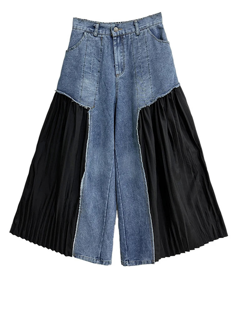 High Elastic Waist Blue Denim Pleated Long Wide Leg Pants New Trousers Women Fashion Tide Spring Autumn 2025 1DH5079