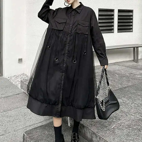 Load image into Gallery viewer, Women White Mesh Ribbons Pocket Big Size Midi Shirt Dress New Lapel Long Sleeve Fashion Tide Spring Autumn 2025 1DH8647
