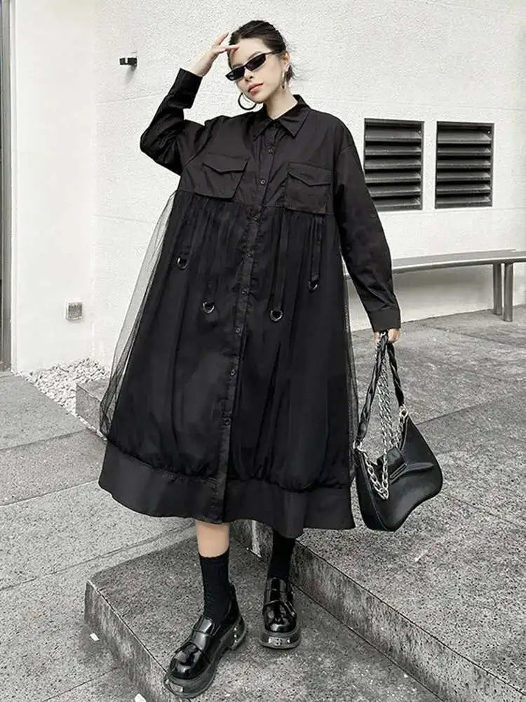 Women White Mesh Ribbons Pocket Big Size Midi Shirt Dress New Lapel Long Sleeve Fashion Tide Spring Autumn 2025 1DH8647