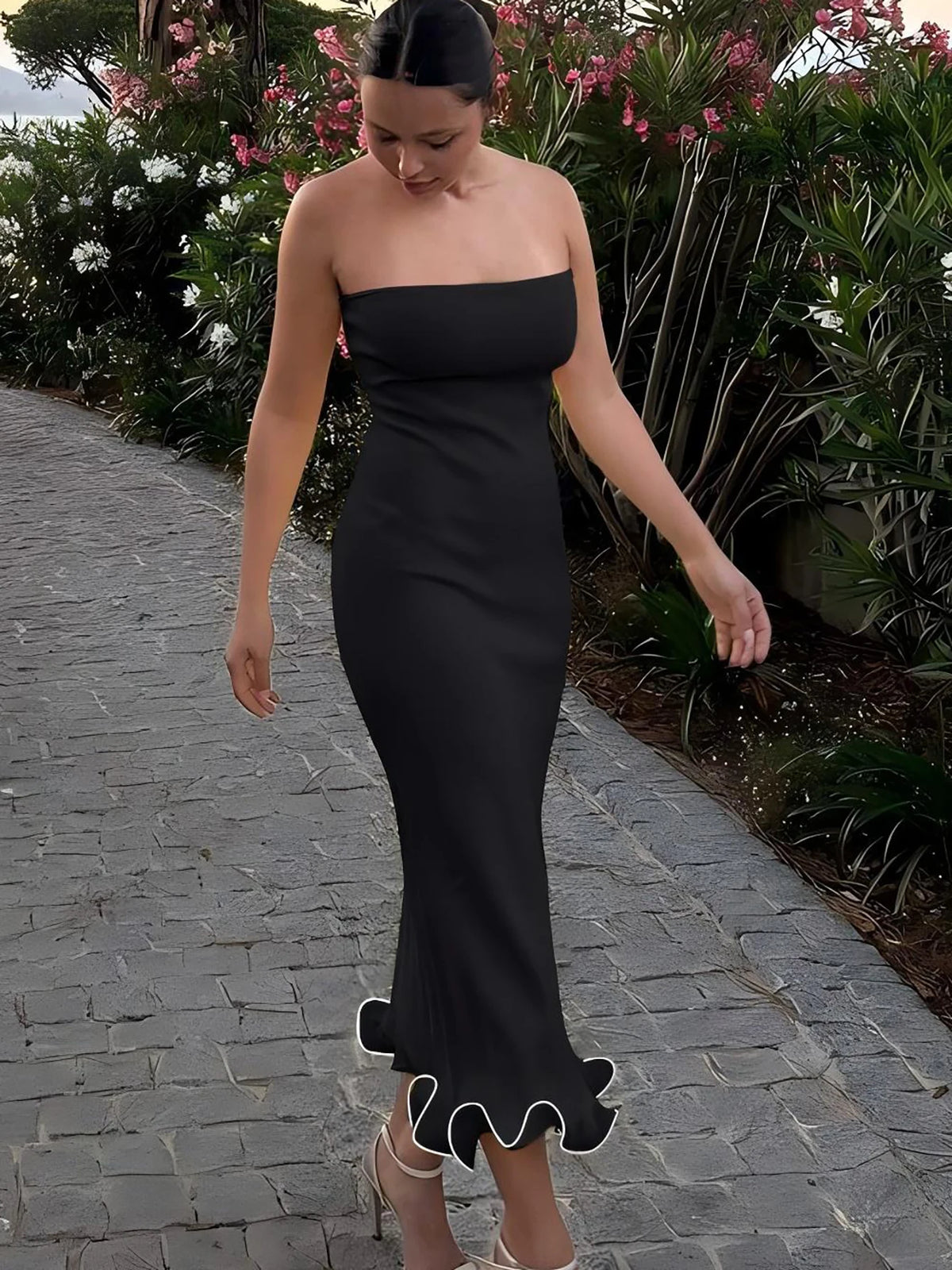 Elegant Solid Strapless Ruffles Sexy Bodycon Maxi Prom Dress Summer Women Fashion Outfit Birthday Party Festival