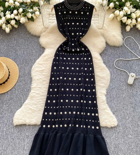Retro Women's Black Diamond Elegant Sleeveless A-line Vest Dress Summer Red Slim O-neck Holiday Ruffles Fishtail Long Dress Chic