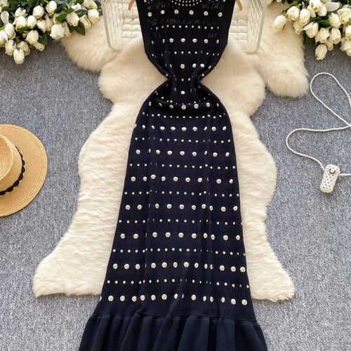 Load image into Gallery viewer, Retro Women's Black Diamond Elegant Sleeveless A-line Vest Dress Summer Red Slim O-neck Holiday Ruffles Fishtail Long Dress Chic
