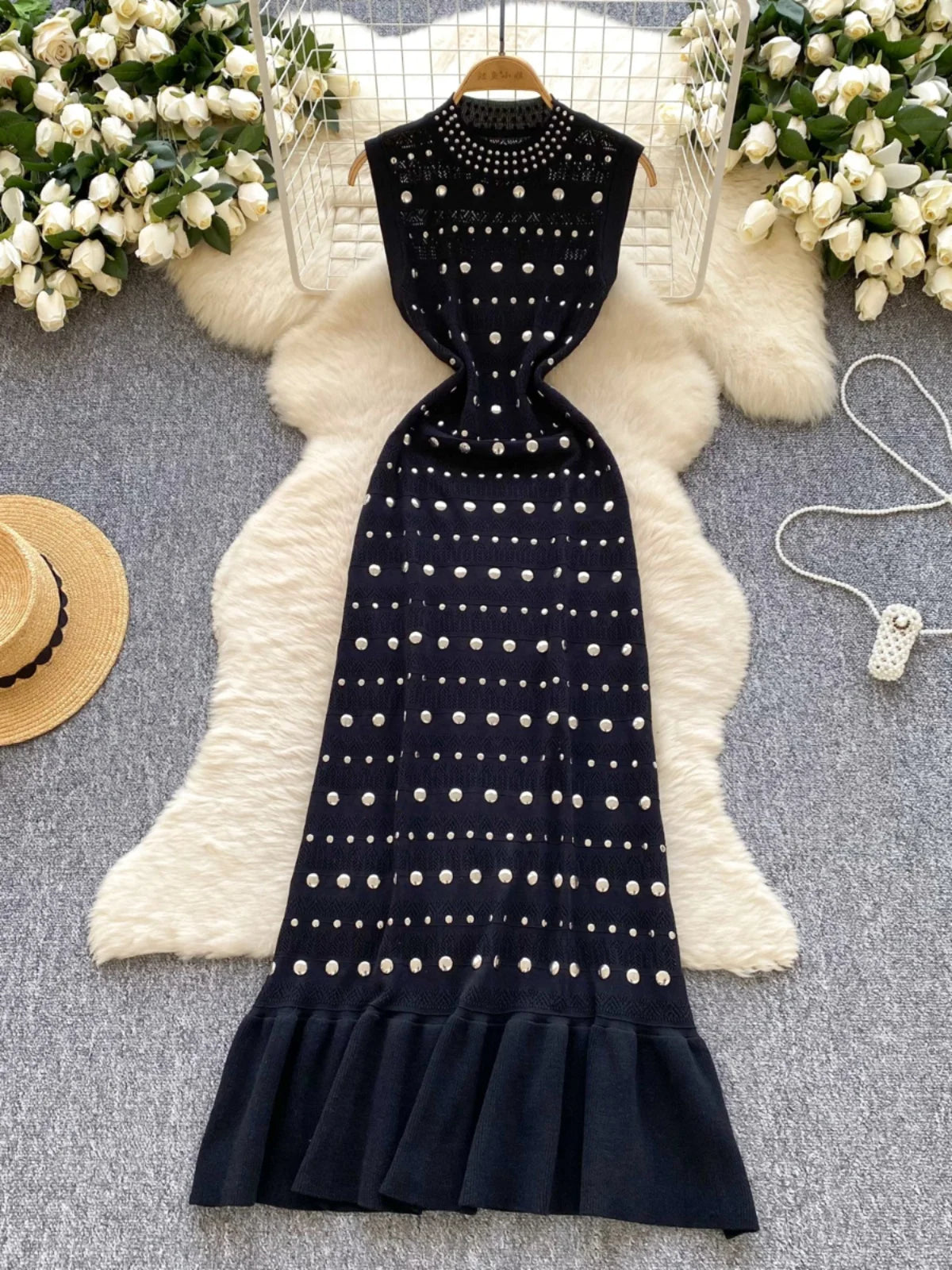 Retro Women's Black Diamond Elegant Sleeveless A-line Vest Dress Summer Red Slim O-neck Holiday Ruffles Fishtail Long Dress Chic