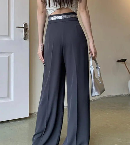 Spring Summer 2024 Black White Sequin Patchwork Wide Leg Trousers Women Vintage Gray High Waist Elegent Pleated Long Pant Korean