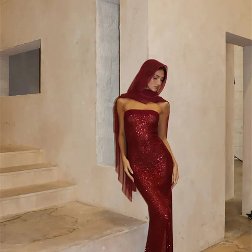 Load image into Gallery viewer, Sequin Strapless High Split Sexy Maxi Dress Women Elegant Off-shoulder Sleeveless Backless Sparkle Floor Length Dress
