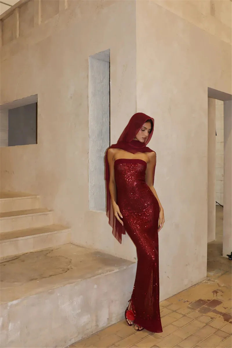 Sequin Strapless High Split Sexy Maxi Dress Women Elegant Off-shoulder Sleeveless Backless Sparkle Floor Length Dress