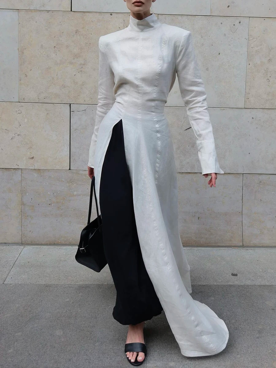 Solid Slimming Side Split Dresses for Women High Neck Long Sleeves Tunic Minimalist Chic Dress Female Clothing New