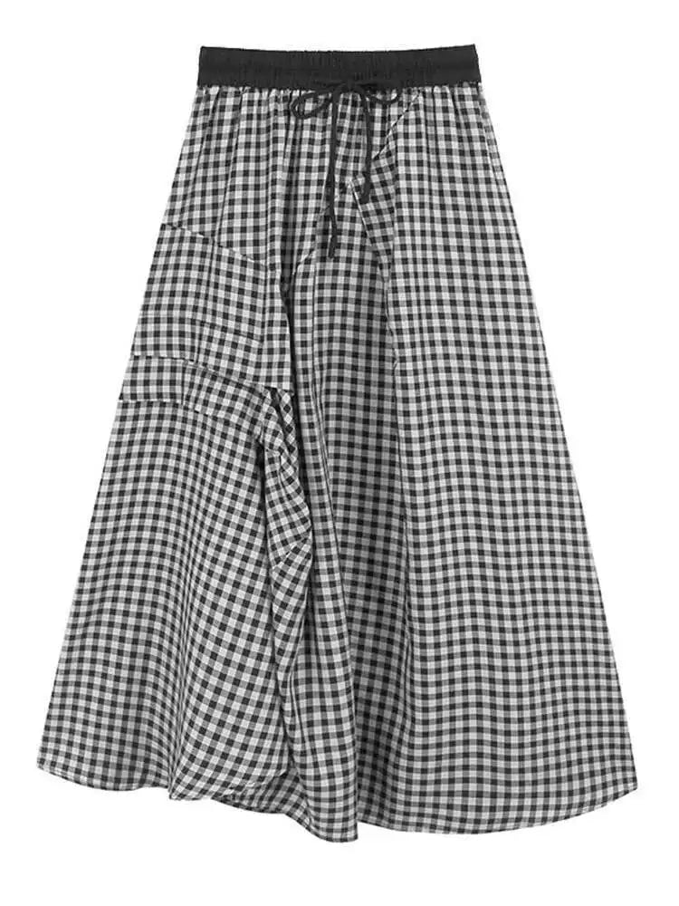High Elastic Waist Black Plaid Pleated Irregular A-line Half-body Skirt Women Fashion Tide New Spring Autumn 2025 1DH9809