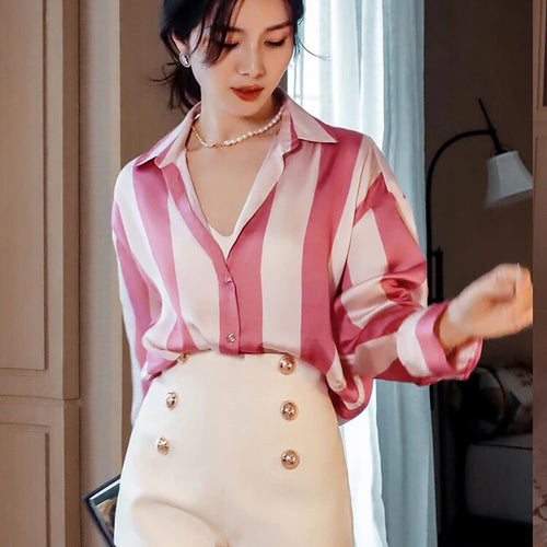 Load image into Gallery viewer, Hit Color Striped Shirts For Women Lapel Long Sleeve Patchwork Single Breasted Summer Blouse Female Fashion
