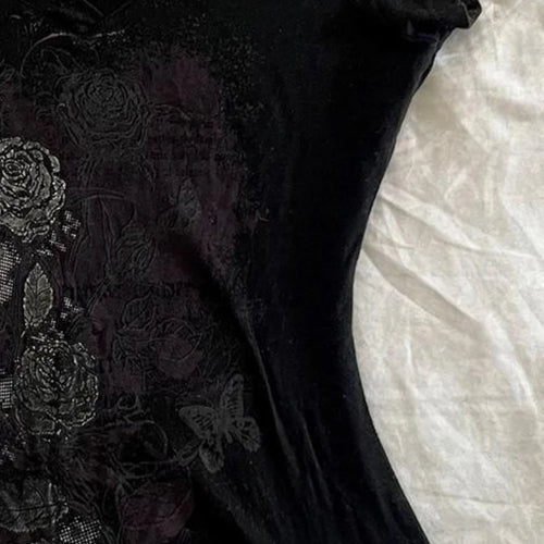 Load image into Gallery viewer, Y2k Aesthetic Flower Printing Women Grunge T-shirts Vintage Slim Harajuku Causal Black Tshirts 2025 Summer Bottoming Crop Tops
