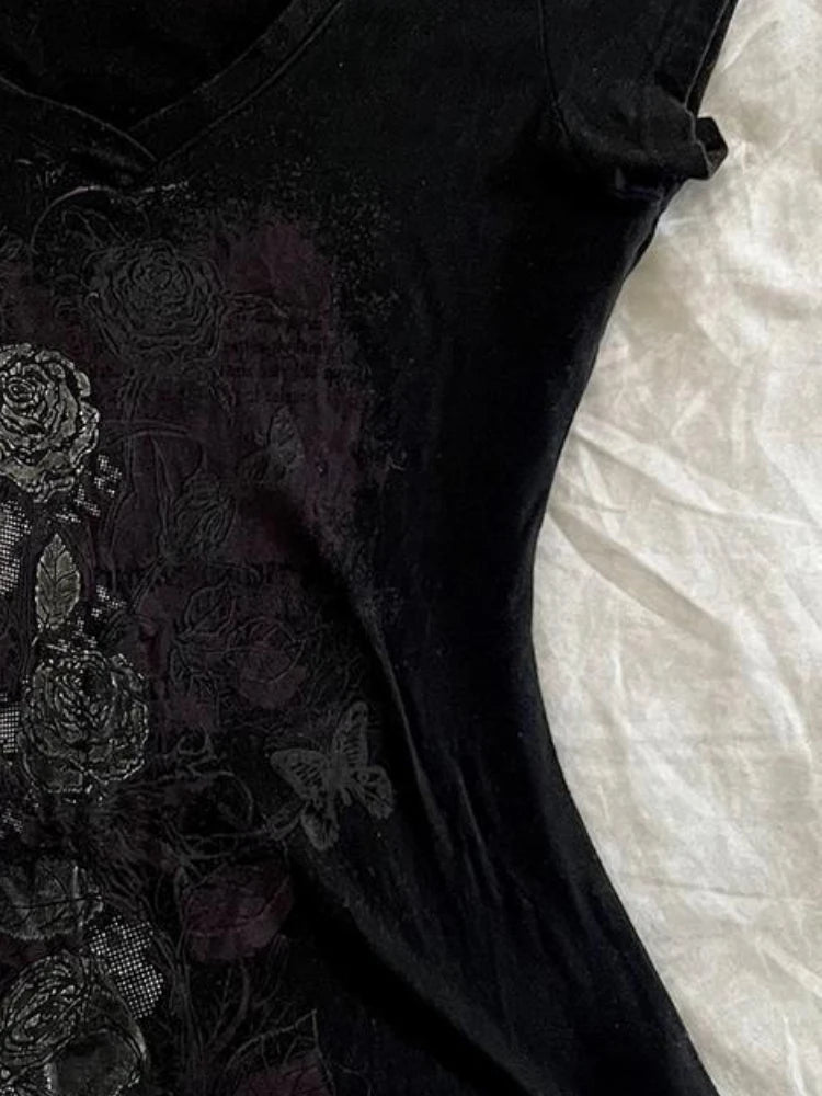 Y2k Aesthetic Flower Printing Women Grunge T-shirts Vintage Slim Harajuku Causal Black Tshirts 2025 Summer Bottoming Crop Tops