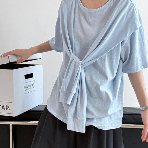 Load image into Gallery viewer, Women White Bandage Brief Big Size Casual T-shirt New Round Neck Half Sleeve Fashion Tide Spring Summer 2025 1DJ0722
