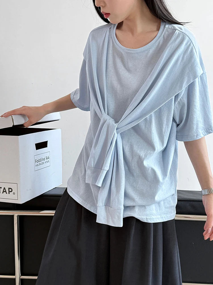 Women White Bandage Brief Big Size Casual T-shirt New Round Neck Half Sleeve Fashion Tide Spring Summer 2025 1DJ0722