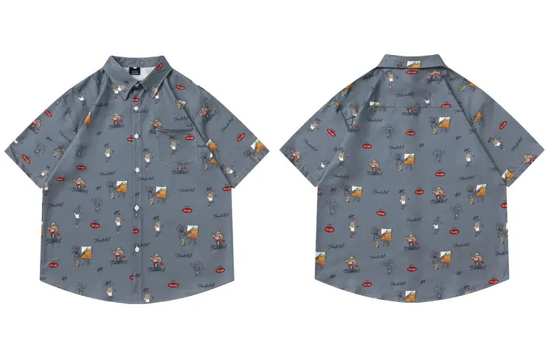 Harajuku Hawaiian Shirts Cartoon Van Gogh Graphic Printed Summer Beach Blouse Hip Hop Casual Baggy Short Sleeve Button Up Tops