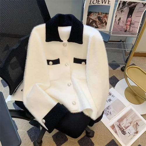 Load image into Gallery viewer, Autumn Winter Retro Sweet Pink White Patchwork Elegant Knitted Cardigan Tops Women French Single Breasted Long Sleeve Sweaters
