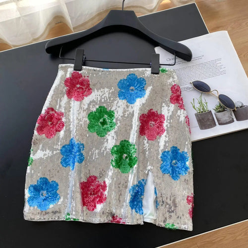 Load image into Gallery viewer, French Women Fashion Floral Sequined Sexy Club Zipper Mini Skirt Vintage High Waist Lady Split Short Skirts Spring Summer Trendy
