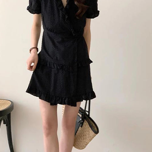 Load image into Gallery viewer, French Style V-neck Black Ruffles Women&#39;s Dresses Chic Solid Color Puff Sleeve Chiffon Female Summer Elegant Dress
