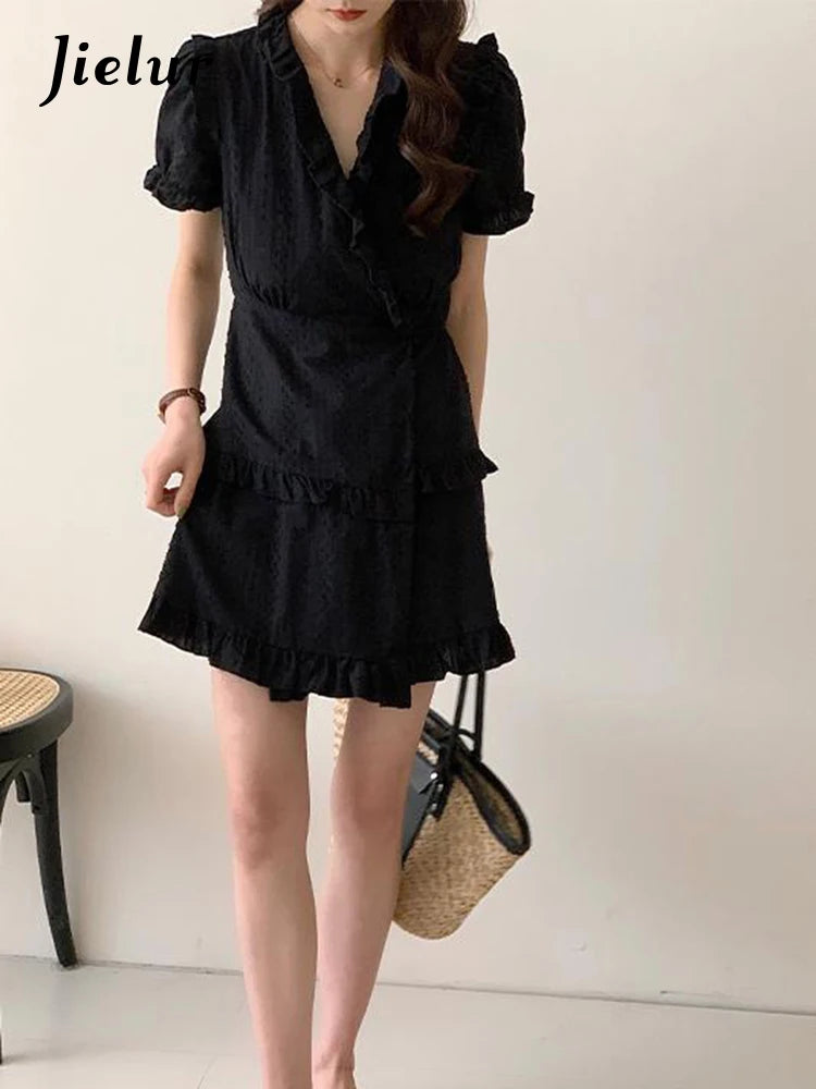 French Style V-neck Black Ruffles Women's Dresses Chic Solid Color Puff Sleeve Chiffon Female Summer Elegant Dress