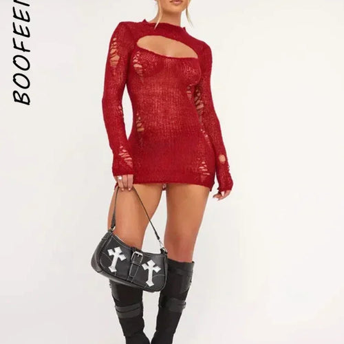 Load image into Gallery viewer, Distressed Sweater Dress Black Red Knitwears Sexy Hollow Out Long Sleeve Mini Dresses for Women Winter Outfit C85-DD22
